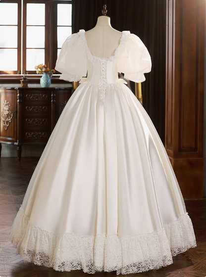 Französische Prinzessin Puffärmel Satin Spitze Tutu Hochzeitskleid P2626