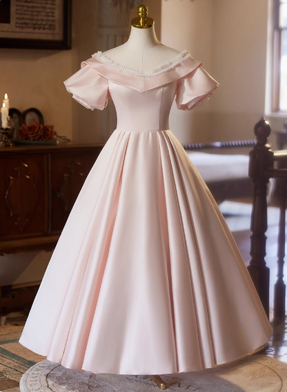 Princess Pink Satin Short Sleeve A-Line Wedding Dress P2627 – PreppyDress