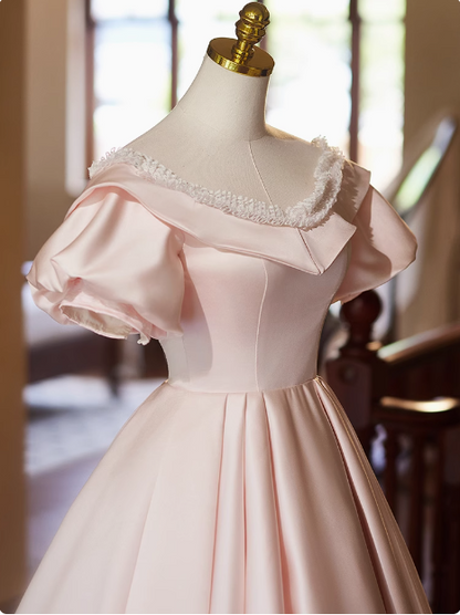 Prinzessin Brautkleid P2627 in Pink Satin mit kurzen Ärmeln und A-Linie