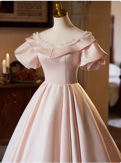 Prinzessin Brautkleid P2627 in Pink Satin mit kurzen Ärmeln und A-Linie