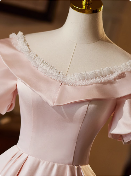 Prinzessin Brautkleid P2627 in Pink Satin mit kurzen Ärmeln und A-Linie