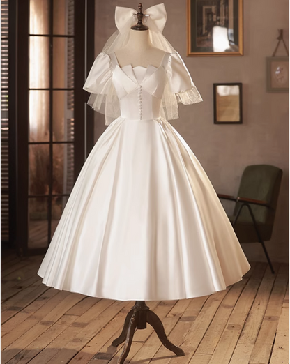 French White Satin Short Sleeve Tea Length A-Line Wedding Dress P2629 – PreppyDress