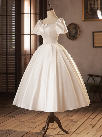 French White Satin Short Sleeve Tea Length A-Line Wedding Dress P2629 –  PreppyDress