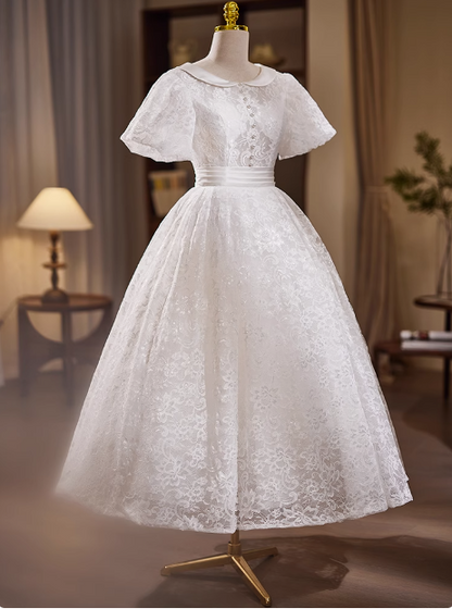 Vintage Weißes Kurzarm-Spitzen-Tee-Langes A-Linien-Hochzeitskleid P2632
