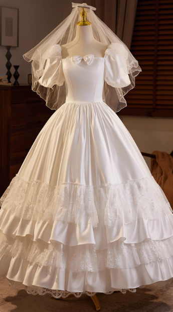 Retro Prinzessin Schleife Puffärmel Satin Spitze Bodenlang A-Linie Brautkleid P2633