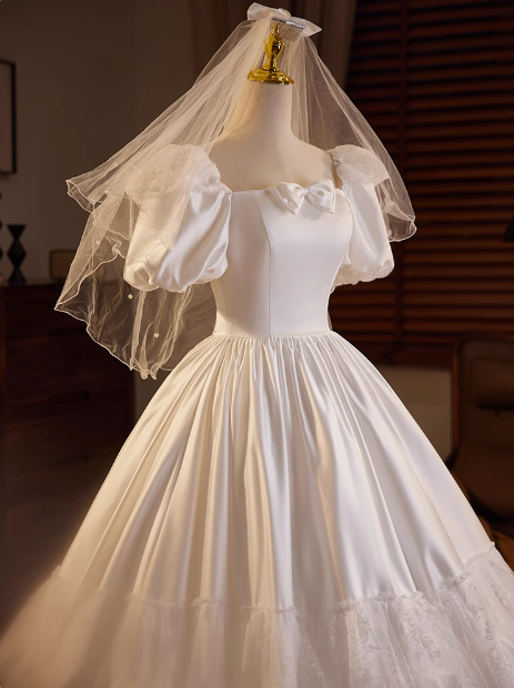 Retro Princess Bow Puff Sleeve Satin Lace Floor Length A-Line Wedding Dress P2633