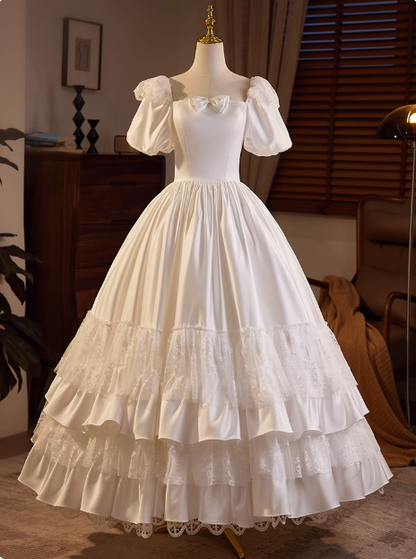Retro Prinzessin Schleife Puffärmel Satin Spitze Bodenlang A-Linie Brautkleid P2633