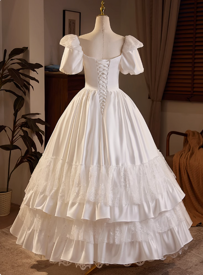 Retro Prinzessin Schleife Puffärmel Satin Spitze Bodenlang A-Linie Brautkleid P2633