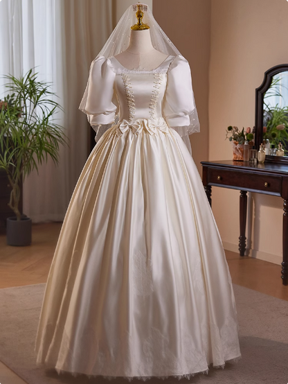 Französisches Retro-Spitzenkleid, Satin, Puffärmel, Schleife, A-Linie, Hochzeitskleid P2637
