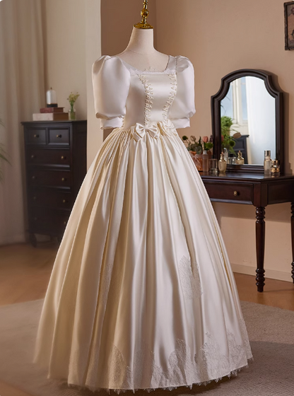 Französisches Retro-Spitzenkleid, Satin, Puffärmel, Schleife, A-Linie, Hochzeitskleid P2637