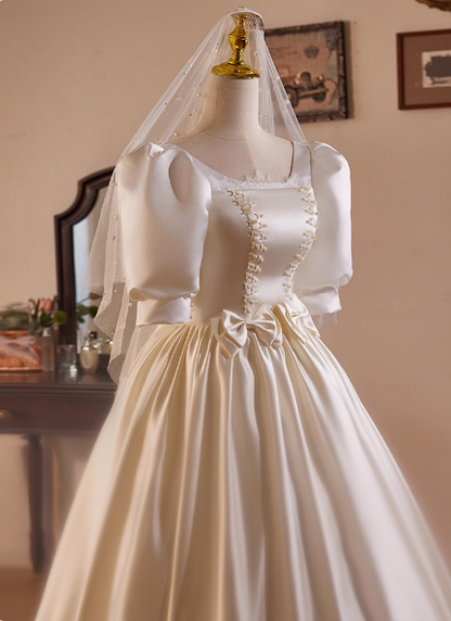 Französisches Retro-Spitzenkleid, Satin, Puffärmel, Schleife, A-Linie, Hochzeitskleid P2637