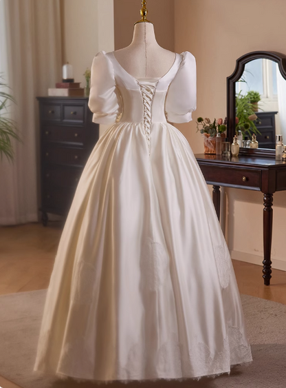 Französisches Retro-Spitzenkleid, Satin, Puffärmel, Schleife, A-Linie, Hochzeitskleid P2637