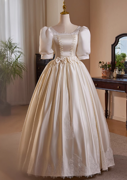 Französisches Retro-Spitzenkleid, Satin, Puffärmel, Schleife, A-Linie, Hochzeitskleid P2637