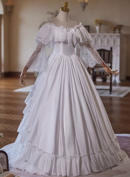 Beautiful White Satin Lace Off-the-shoulder Floor-length Wedding Dress –  PreppyDress