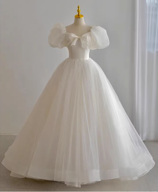 Princess Simple White Tulle Puff Sleeve A-Line Floor-Length Wedding Dress P2642