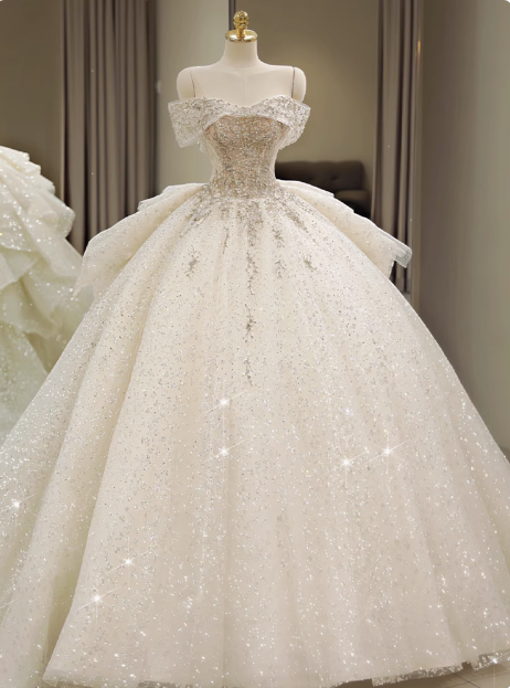 Princess Sparkling Off-shoulder Rhinestone A-line Tulle Wedding Dress P2644