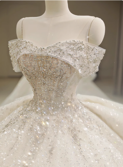 Prinzessin schulterfreies Strass-A-Linien-Tüll-Brautkleid P2644