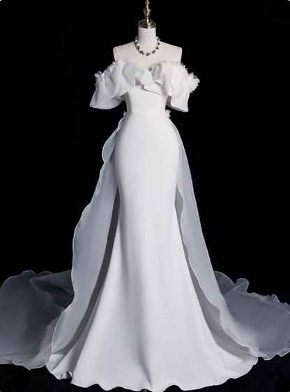 Elegantes und schlichtes One-Shoulder-Mermaid-Satin-Brautkleid in Bodenlänge P2648