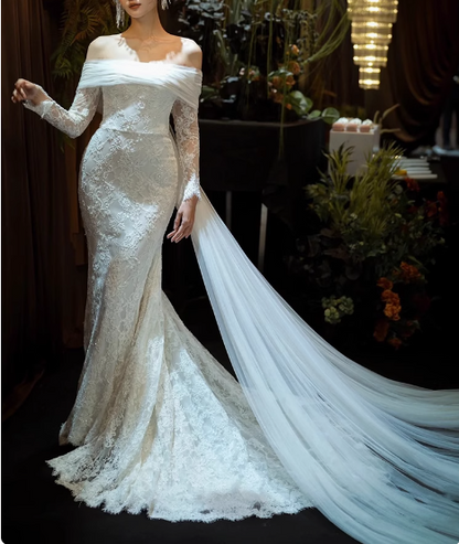open lace back dress French One Shoulder Lace Long Sleeve Mermaid Wedding Dress with Train –  PreppyDress
