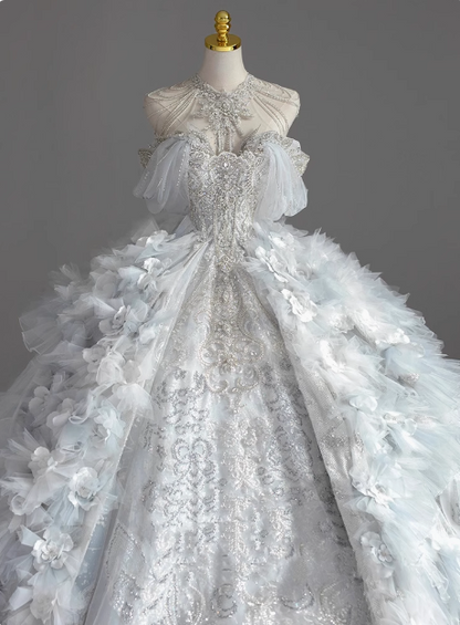 Französische Prinzessin trägerloses blaues glänzendes perlenbesetztes luxuriöses bodenlanges Hochzeitskleid P2664