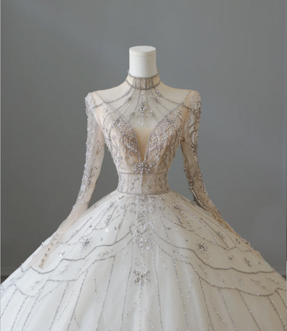 Glitzerndes Strass Langarm Tüll A-Linien Bodenlanges Hochzeitskleid P2564