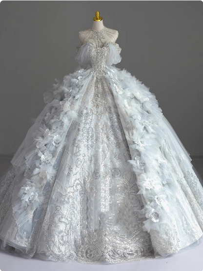 Französische Prinzessin trägerloses blaues glänzendes perlenbesetztes luxuriöses bodenlanges Hochzeitskleid P2664
