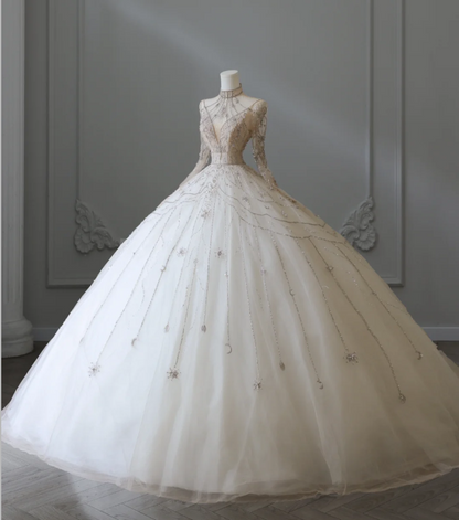 Glitzerndes Strass Langarm Tüll A-Linien Bodenlanges Hochzeitskleid P2564