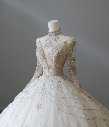 Glitzerndes Strass Langarm Tüll A-Linien Bodenlanges Hochzeitskleid P2564