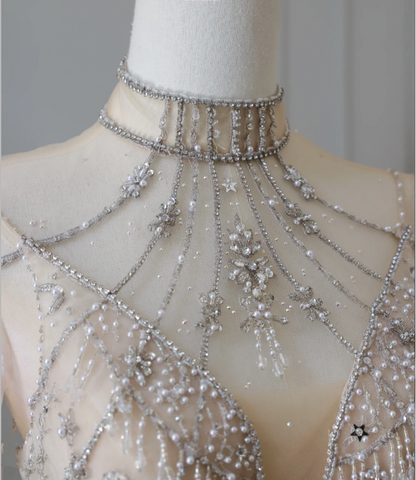 Glitzerndes Strass Langarm Tüll A-Linien Bodenlanges Hochzeitskleid P2564