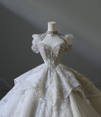 French Retro Lace Short Sleeve Princess Beaded Floor-Length Wedding Dr   PreppyDress