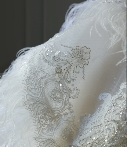 Robe de mariée vintage française col rond manches longues à sequins longueur ras du sol P2568