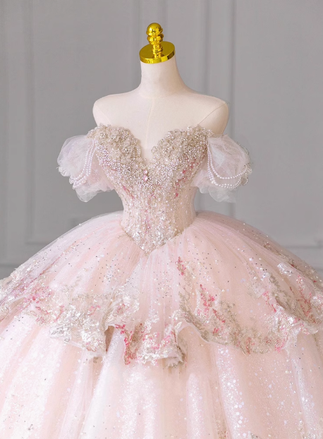 Princess one-shoulder pink French tulle beaded luxury floor-length wedding dress P2670