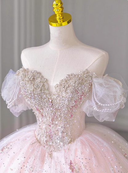Prinzessin One-Shoulder pinker französischer Tüll besticktes luxuriöses bodenlanges Hochzeitskleid P2670