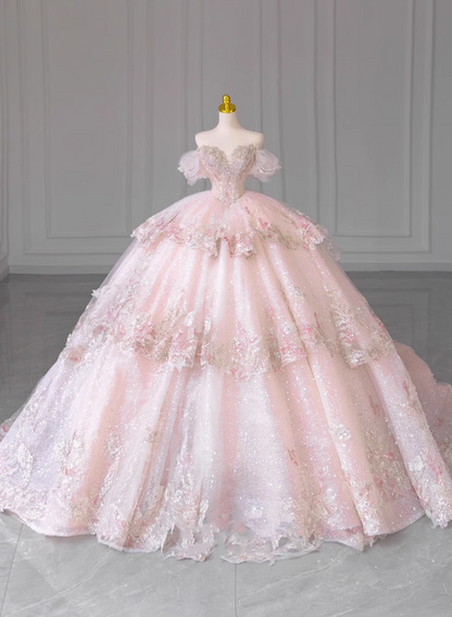 Prinzessin One-Shoulder pinker französischer Tüll besticktes luxuriöses bodenlanges Hochzeitskleid P2670