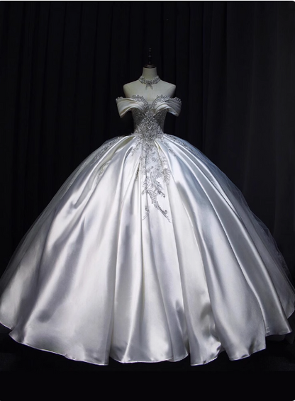 Hochzeitskleid im Retro-Palaststil, schulterfrei, aus Satin, perlenbestickt, bodenlang P2671
