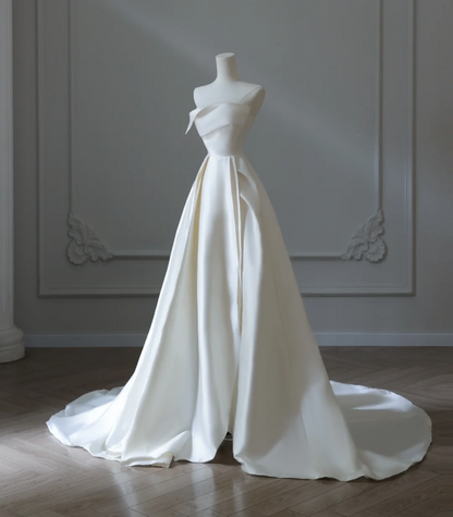 simple elegant white dress Simple and Elegant White Satin A-Line Wedding Dress P2571 – PreppyDress