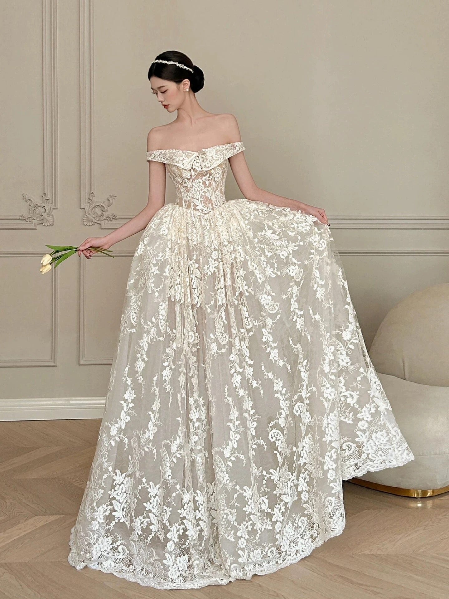 French one-shoulder white lace floor-length wedding dress P2674