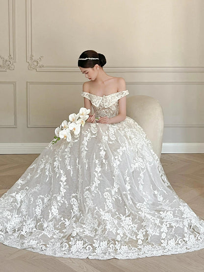 French one-shoulder white lace floor-length wedding dress P2674