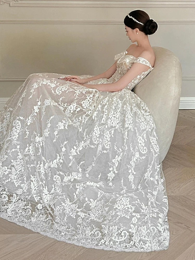 French one-shoulder white lace floor-length wedding dress P2674