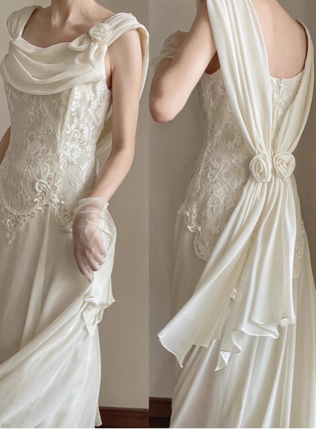 Elegant and minimalist sleeveless chiffon lace wedding dress P2675