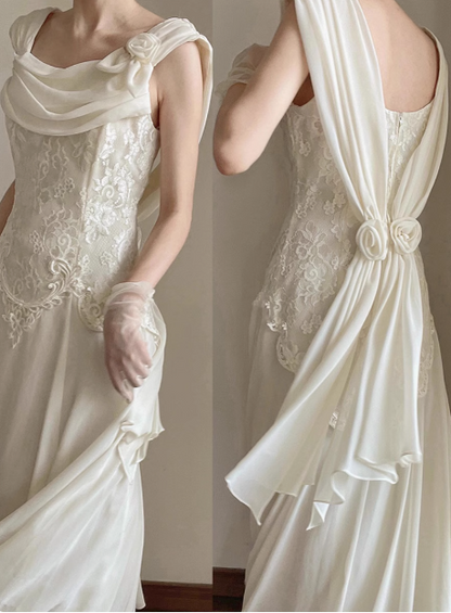 Elegant and minimalist sleeveless chiffon lace wedding dress P2675
