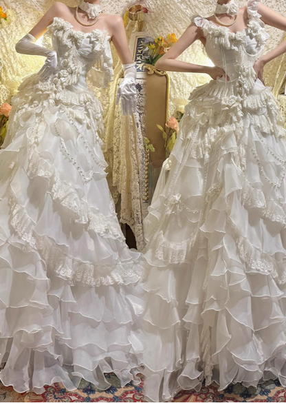 Französisches Heavy-Duty verträumtes Prinzessinnen-Off-Shoulder A-Linien Stufen-Hochzeitskleid P2684