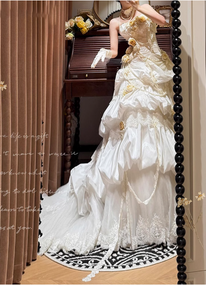 Französisches Retro-Korsett 3D-Blumenkuchenkleid Hochzeitskleid P2686