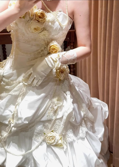 Französisches Retro-Korsett 3D-Blumenkuchenkleid Hochzeitskleid P2686