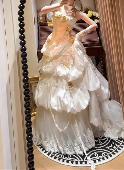 Französisches Retro-Korsett 3D-Blumenkuchenkleid Hochzeitskleid P2686