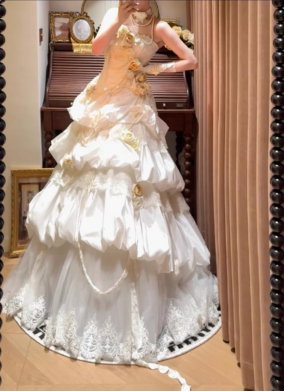 Französisches Retro-Korsett 3D-Blumenkuchenkleid Hochzeitskleid P2686