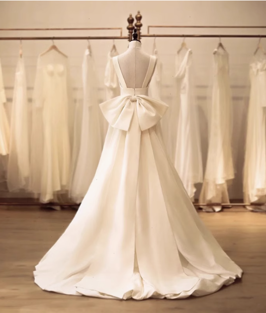 White princess strap satin backless bow high low wedding dress P2693