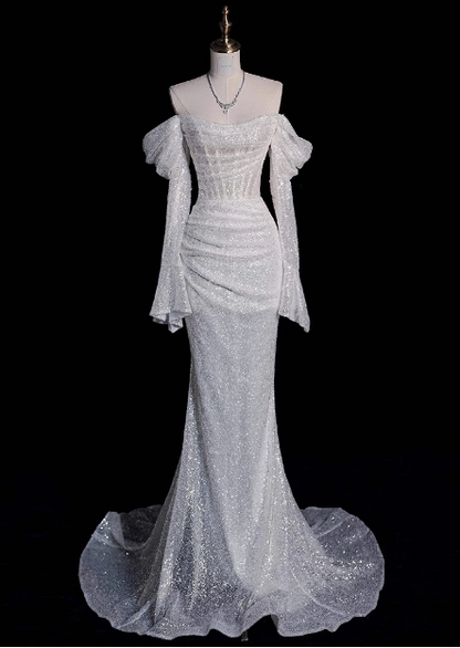 Robe de mariée sirène scintillante à épaules dénudées et manches longues P2701