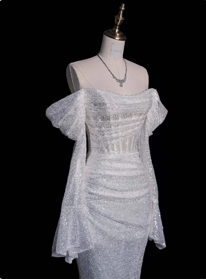 Robe de mariée sirène scintillante à épaules dénudées et manches longues P2701