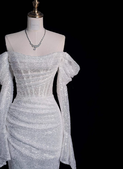 Robe de mariée sirène scintillante à épaules dénudées et manches longues P2701